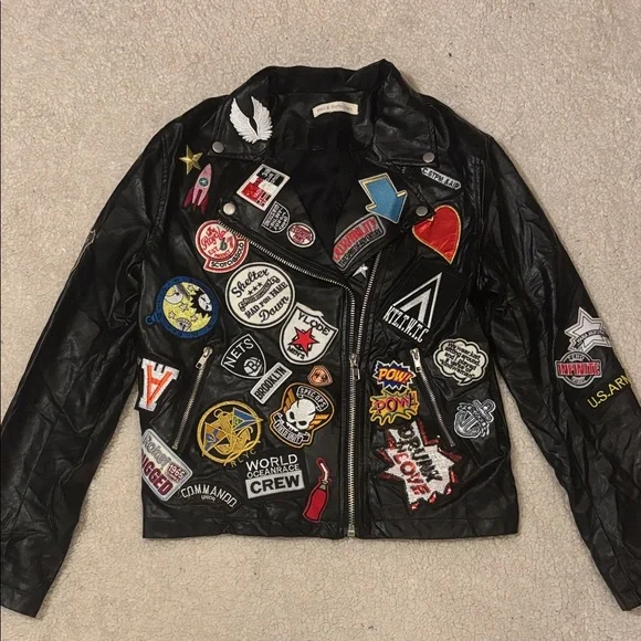 Hot & Delicious Embellished Black Faux Leather Moto Jacket Large - Picture 2 of 10